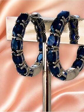Genuine Royal Blue Sapphire inside/outside Hoop Earrings. S925. Authentic! New!